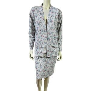 Vintage Closely Knit Floral Cardigan & Skirt Set Small Grey & Pink Roses